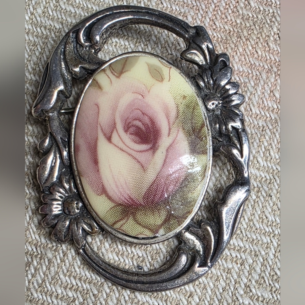 Vintage marked Jezlaine 925 Sterling Silver & Porcelain Rose Flower pin brooch